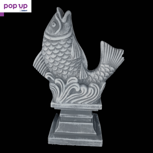 Статуя риба от бетон за декорация, сиво-с-бяло-патиран