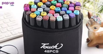 48 броя двустранни цветни маркери с тънък и широк писец в калъф, на алкохолна основа