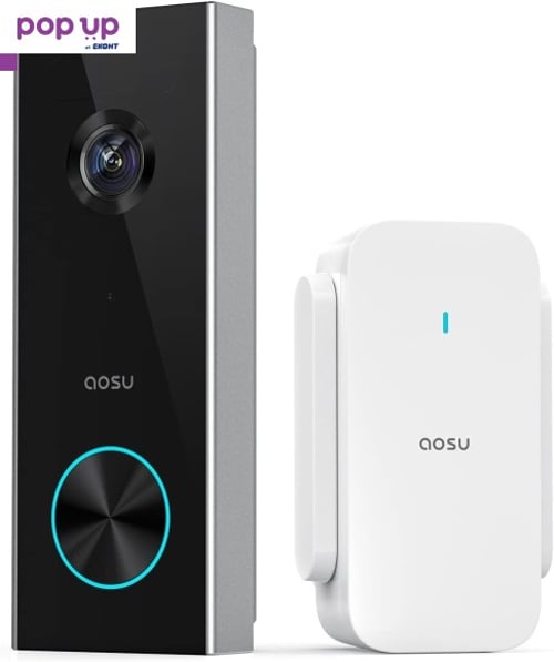 Безжична камера за звънец AOSU, захранван с батерии видео звънец със звънец, 2K резолюция,