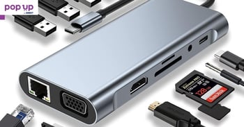 USB C HUB, докинг станция, 11-в-1 USB C адаптер с 4K-HDMI, VGA,Type C PD, RJ45 Ethern,SD/TF четец