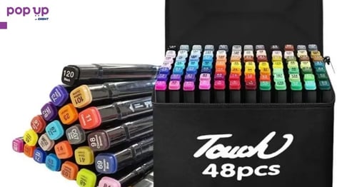 48 броя двустранни цветни маркери с тънък и широк писец в калъф, на алкохолна основа
