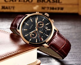 LIGE Black Gold Leather 9866 Луксозен мъжки кварцов часовник с кожена каишка
