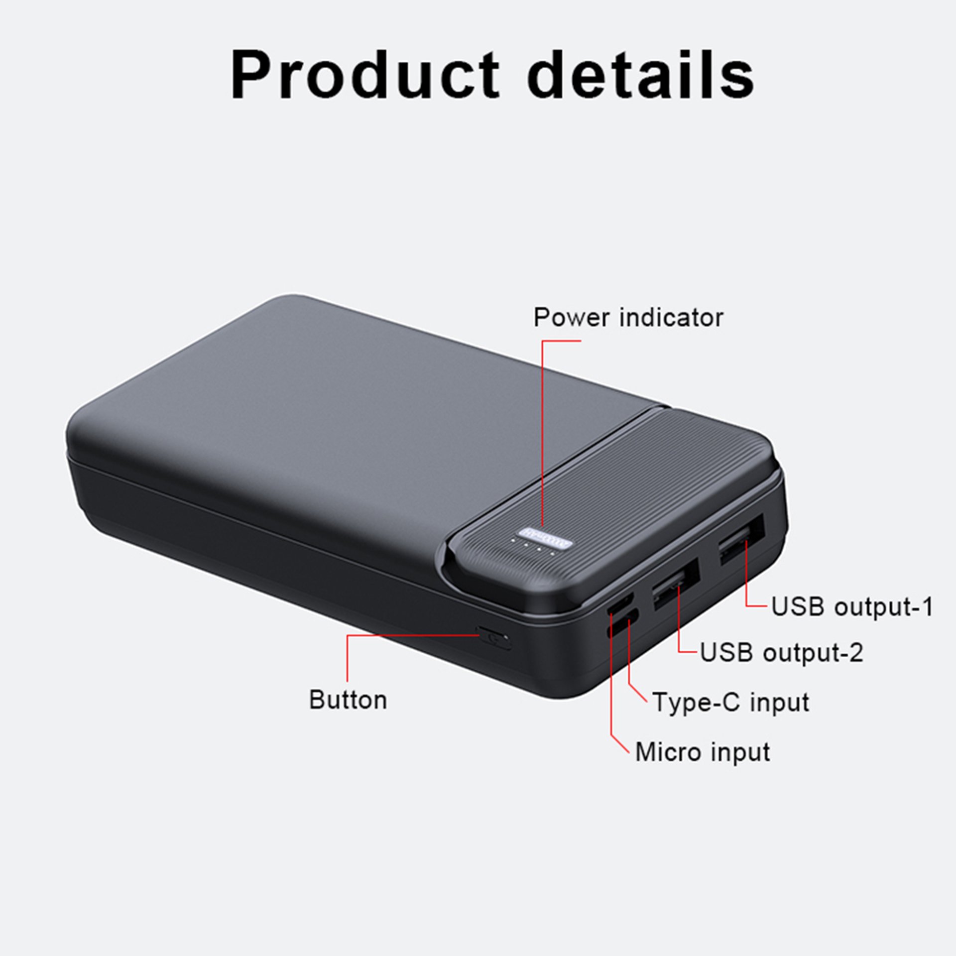 Techsuit - Power Bank (PB-N1) - Dual USB, LED светлини за Power State, 10000mAh - Черен