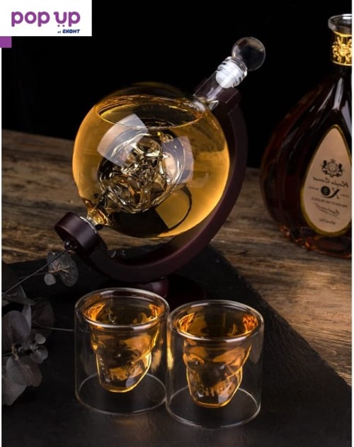 Стъклена бутилка череп за алкохол с чаши, диспенсър за уиски вино ром