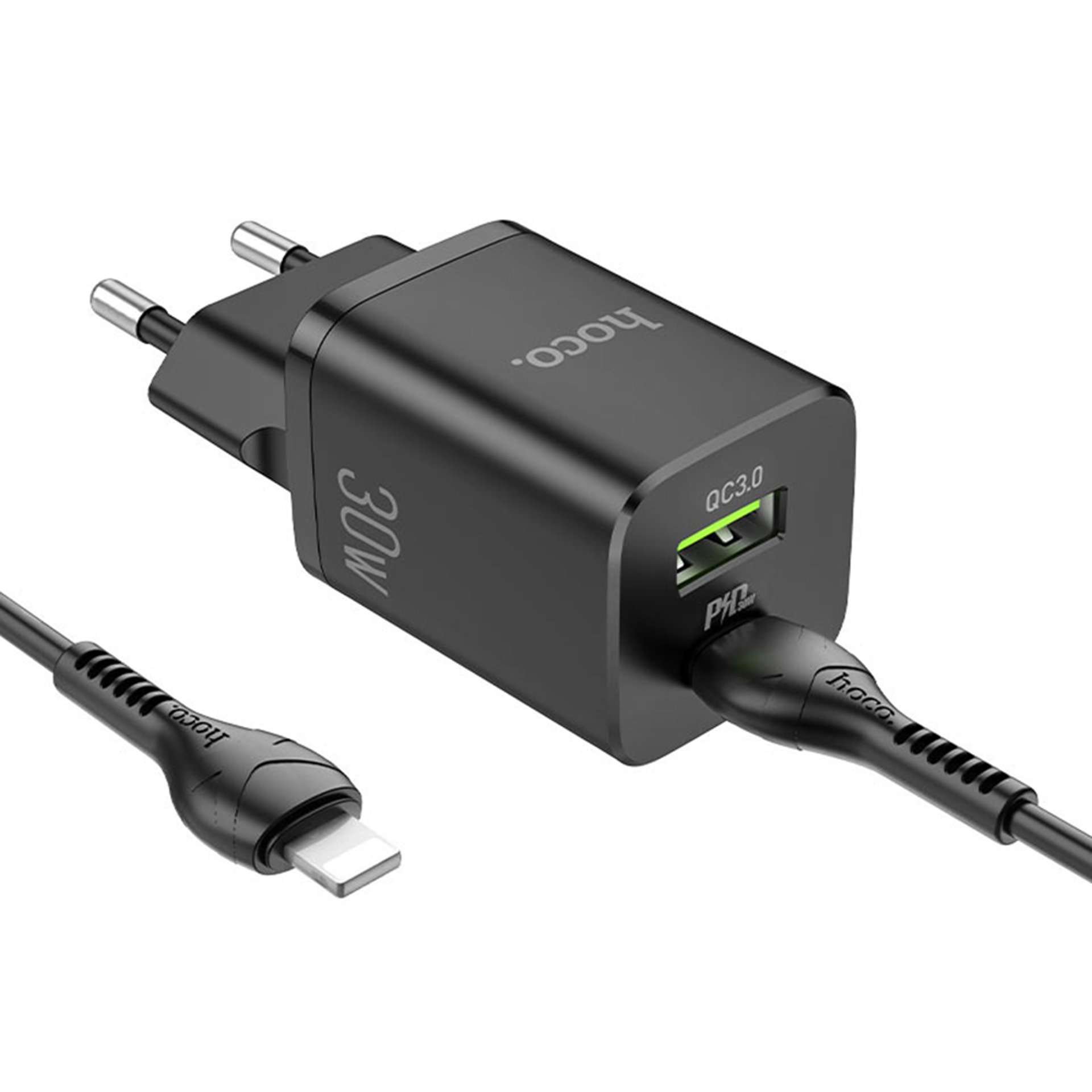 Hoco - Зарядно за стена Bright (N13) - USB-A, USB Type-C, QC 3.0, 30W, 2.4A с кабел Type-C към Lightning, 1m - Черно