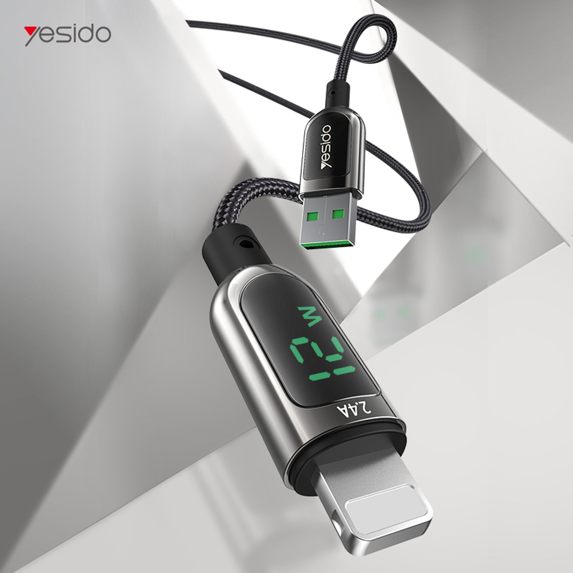 Yesido - Кабел за данни (CA84) - USB към Lightning, 2.4A, цифров дисплей, 1.2m - черен