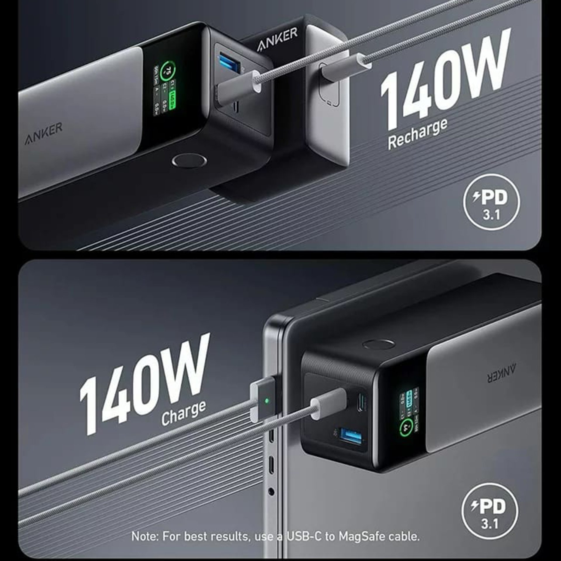 Anker - Power Bank (737) - 24000mAh, 140W, GaN Prime, Smart Digital Display, 2x USB-C, USB-A, PowerDelivery 3.1 - черен/сив