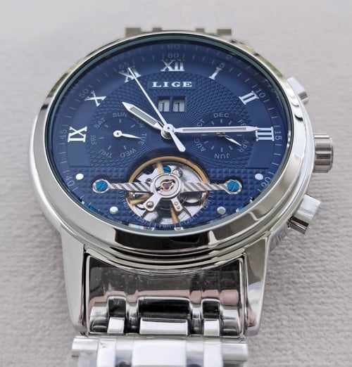 LIGE Silver Blue LG9841 Луксозен мъжки автоматичен механичен часовник с метална верижка