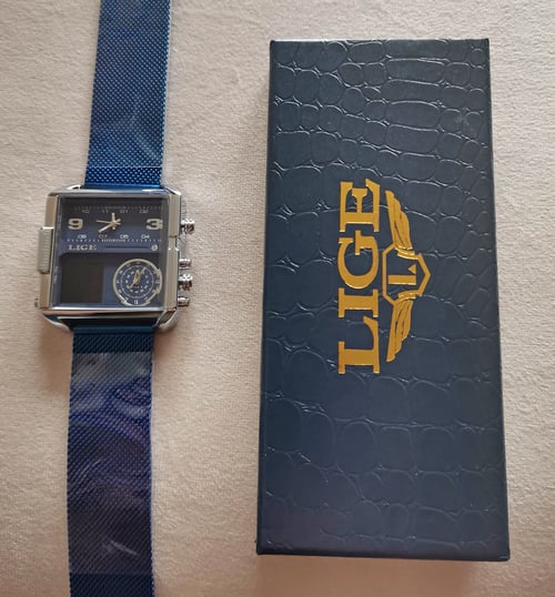 LIGE Silver Blue 8925 Луксозен мъжки кварцов часовник с метална верижка