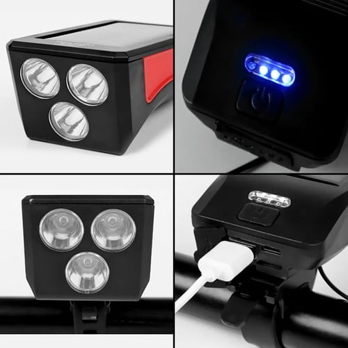 Соларна / USB акумулаторна LED светлина за велосипед с клаксон, 350Lum