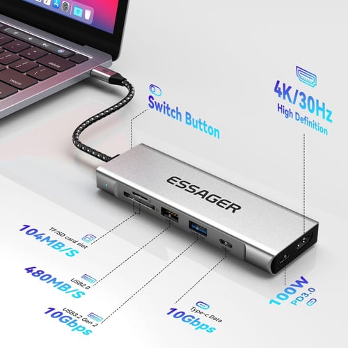 ESSAGER 8 в 1 USB C хъб с M.2 SSD корпус, 4K HDMI, USB 3.2 Gen2, 100W PD