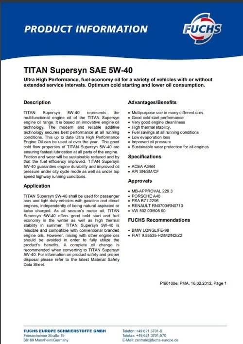 Синтетично двигателно масло FUCHS TITAN SUPERSYN 5W40-5L