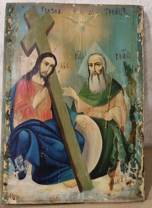 Старинна рядка икона "Новозаветна Троица" ръчно рисувана върху  дърво, края на 19 началото на 20век!