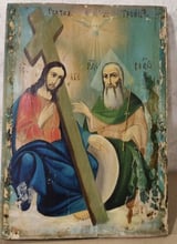 Старинна рядка икона "Новозаветна Троица" ръчно рисувана върху  дърво, края на 19 началото на 20век!