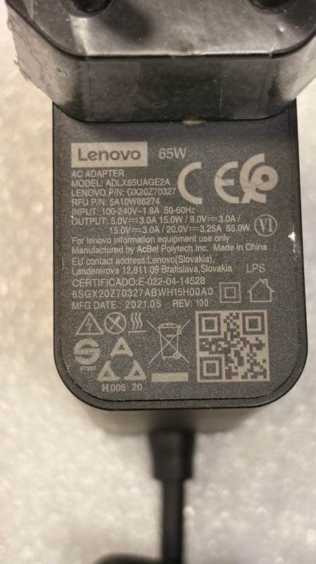 Lenovo оригинално Type-C зарядно 65W (5/9/15V-65W)