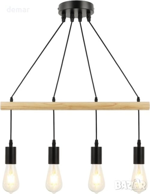 FORCOSO дървена висяща лампа (4 крушки), черна, регулируема