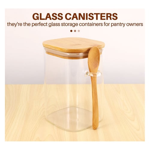 Стъклен квадратен буркан с бамбукова лъжичка и бамбуков капак със силиконово уплътнение,12,5х10см