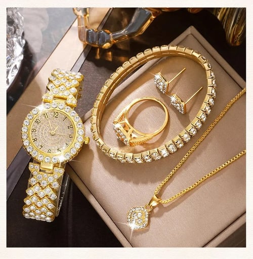 Луксозен комплект с часовник гривна колие пръстен и обеци
