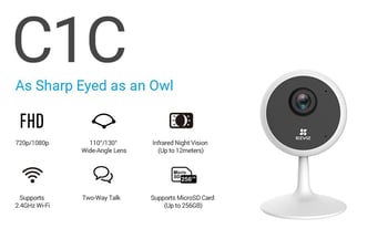 EZVIZ C1C,Камера 720p, 10 м. нощно виждане, двупосочено аудио, MicroSD