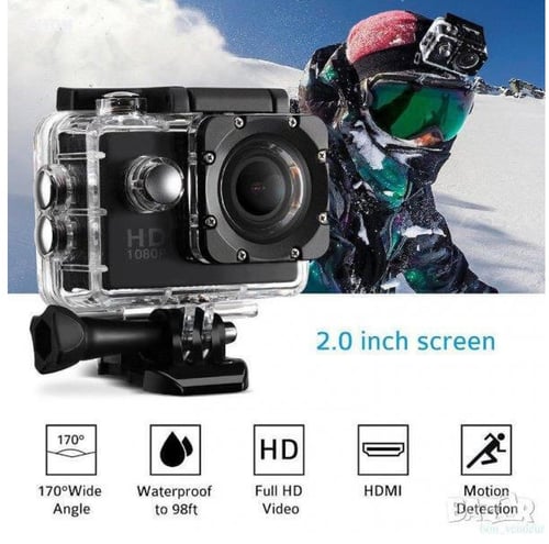 Спортна Екшън камера GoPlus, модел SP1080p, водоустойчива, 1080P (1920 х 1080) Full HD, пълен комплект, Черен