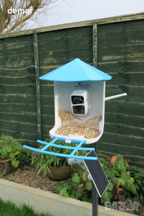 Хранилка за птици Kidken с WiFi камера, със соларен панел, синя