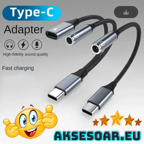 Преходник от USB C към 3,5 мм Aux жак за слушалки и адаптер за зарядно USB C с PD 60 W бързо зареждане