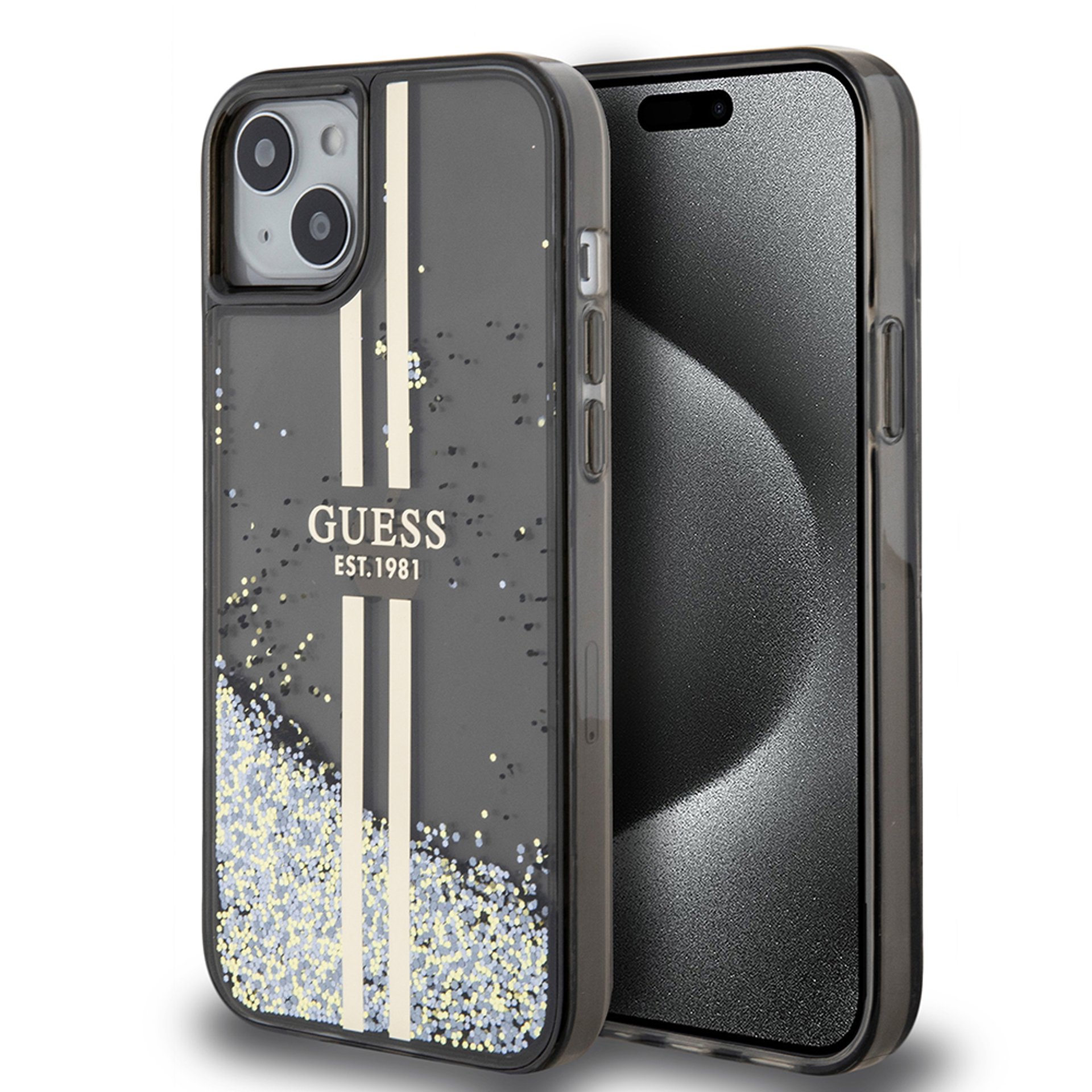 iPhone 15 Plus / iPhone 14 Plus - Калъф Glitter Liquid Glitter Gold Stripes (GUHCP15MLFCFCSEGK) - Черен