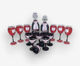 Рисуван комплект чаши за вино, чаши за аперитив и 2 бутилки Българска Носия