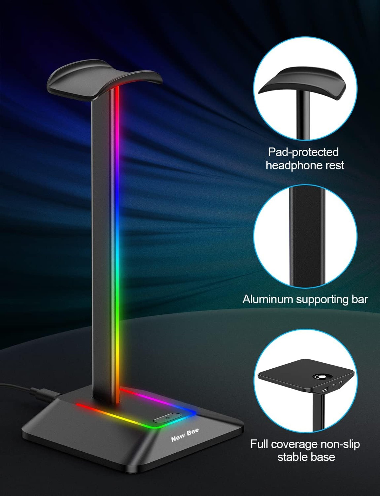 New BEE RGB стойка за слушалки с LED подсветка и зарядни портове