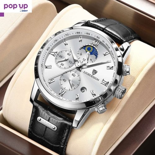 Lige Design Silver Black 8953 Луксозен мъжки кварцов часовник с кожена каишка