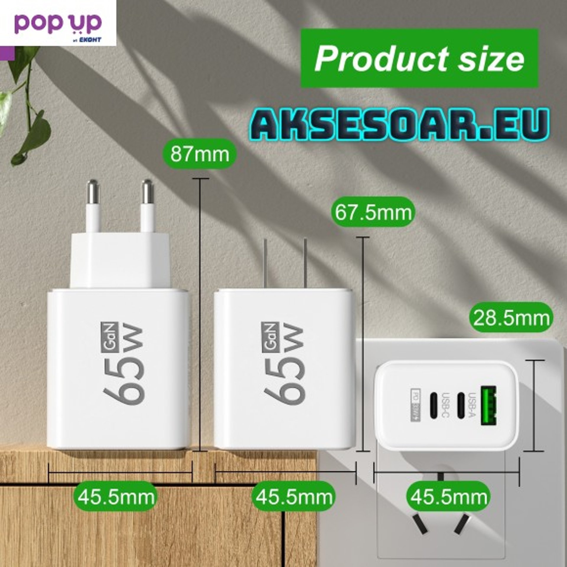 Бързо GaN USB Type C зарядно Quick Charge 3.0 65W PD за iPhone Huawei Xiaomi Samsung EU Plug адаптер