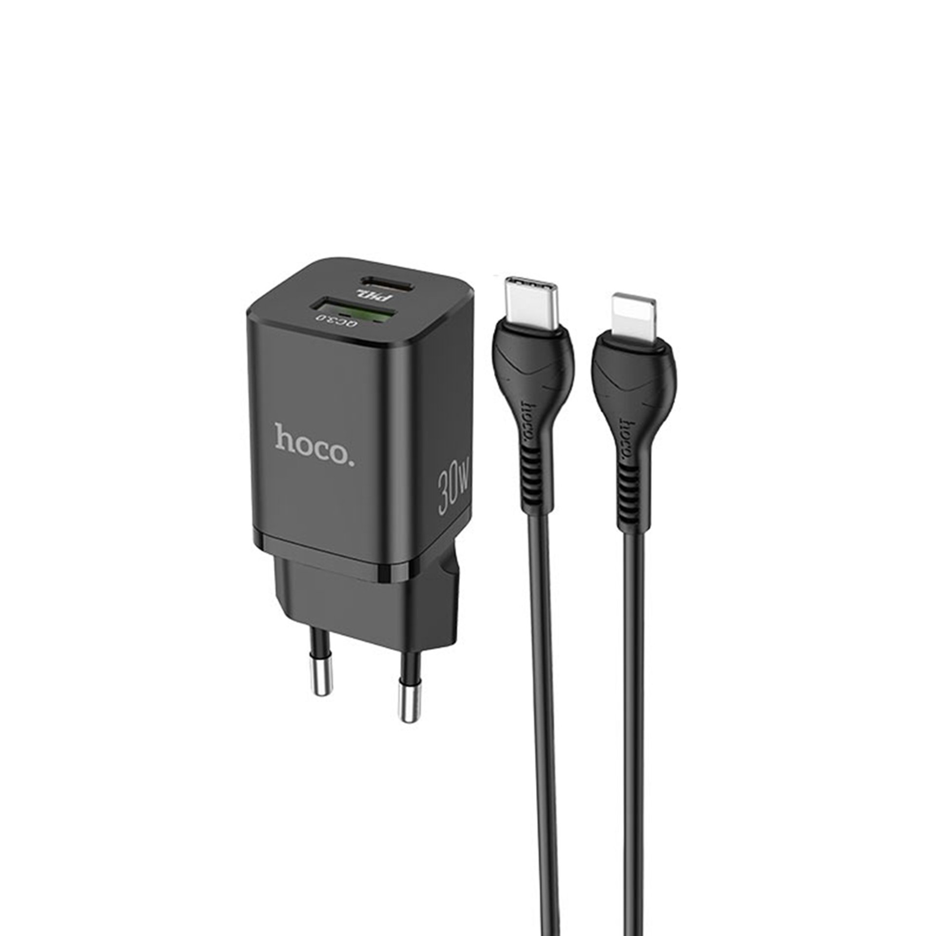 Hoco - Зарядно за стена Bright (N13) - USB-A, USB Type-C, QC 3.0, 30W, 2.4A с кабел Type-C към Lightning, 1m - Черно