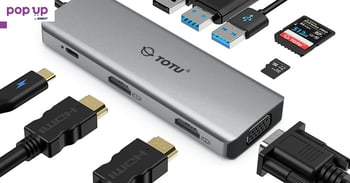 Докинг станция TOTU 9 в 1, USB C хъб,с троен дисплей с режим на Collage Display, двоен 4K HDMI, VGA