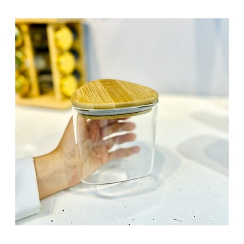Стъклен триъгълен буркан за съхранение, Бамбуков капак със силиконов ръб, 9х9х12 см.