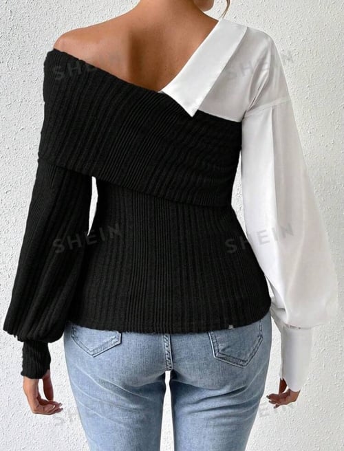 Пуловер в черно и бяло с асиметричен ръкав