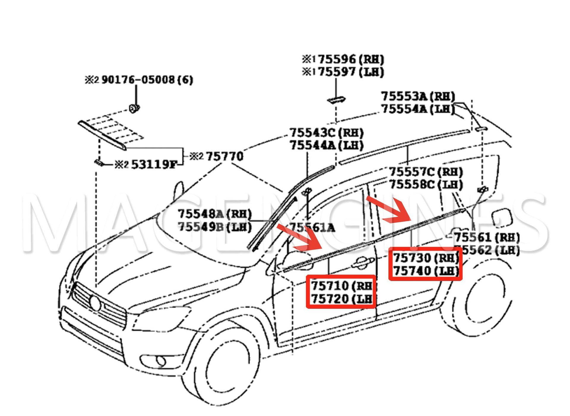 Водобранна лайсна за задна лява врата на TOЙОТА РАВ 4 TOYOTA RAV 4 7574042031 75740-42031 OEM TOYOTA