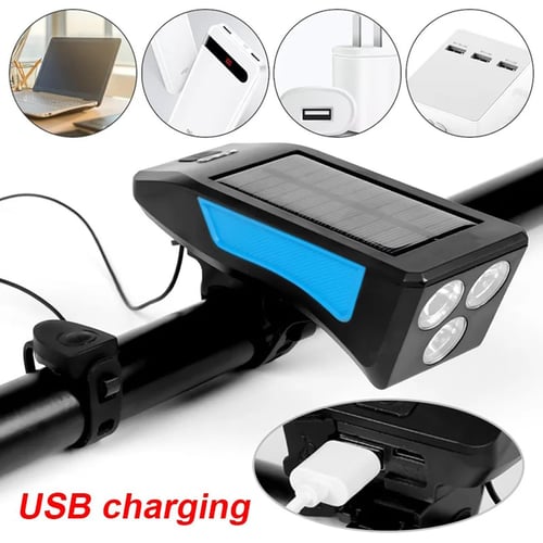 Соларна / USB акумулаторна LED светлина за велосипед с клаксон, 350Lum