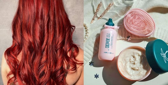 Image of red-haired women on the right and image of Coco & Eve Silky Hair Set on the left