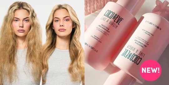 Image of model before and after using Coco & Eve Frizz Fix & Pro Shine Mist on the left and image of Coco & Eve Frizz Fix & Pro Shine Mist on the right