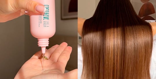 Image of Coco & Eve Miracle Hair Elixir on the left and modal's hair on the right