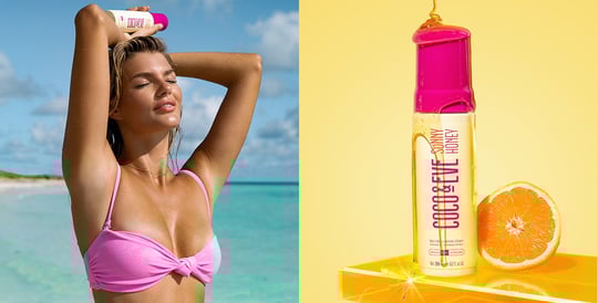 Image of influencer holding Coco & Eve Sunny Honey Bali Bronzing Foam on the left and image of Coco & Eve Sunny Honey Bali Bronzing Foam on the right