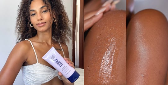 Side-by-side image featuring a influencer holding Coco & Eve's Resurfacing Body Gel Scrub on the left and a close-up of the scrub applied to skin showing exfoliating texture (middle), and the same area of skin looking smooth and radiant after use (right)