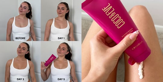 Before and after photos showing Coco & Eve Sun-kissed Gradual Tanning Lotion results from Day 1 to Day 5 on a woman’s upper body, alongside product shots of Coco & Eve Sun-kissed Gradual Tanning Lotion on the right