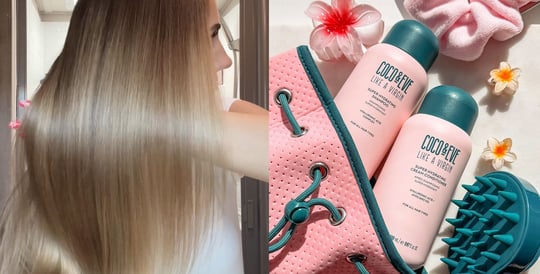Image of hair after using Coco & Eve haircare on the left and image of Coco & Eve Super Hydrating Shampoo & Conditioner Set on the right
