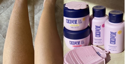 Image of dry skin on legs before and after using Coco & Eve's Body Care range on the left and image of Coco & Eve's Body Care Range on the right