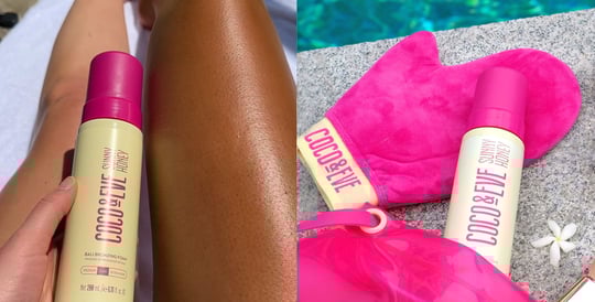 Images of Before and After applying Sunny Honey Bali Bronzing Foam and Coco & Eve Sunny Honey Bali Bronzing Foam