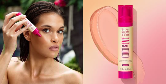 Image of model holding Coco & Eve Bronzing Face Drops on the left and image of Coco & Eve Bronzing Face Drops on the right