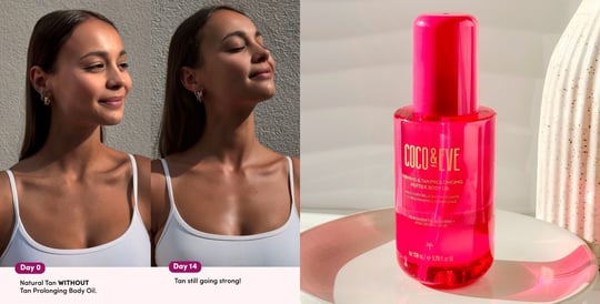 Before and after photos showing results of Coco & Eve Firming & Tan Prolonging Peptide Body Oil from Day 1 to Day 14 on a woman’s upper body, alongside a product shot of the bottle on a tray.