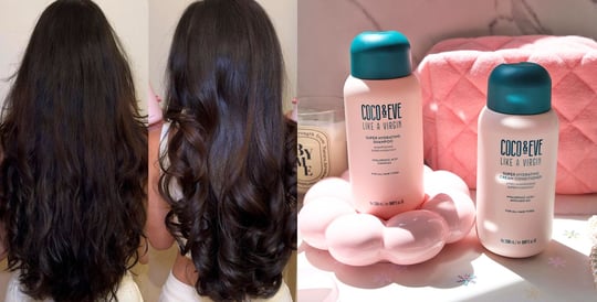 Before and After image of an Influencer who used Coco & Eve Super Hydrating Shampoo & Conditioner Set on the left and image of Coco & Eve Super Hydrating Shampoo & Conditioner Set on the right