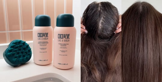 Image of Coco & Eve Super Hydrating Shampoo & Conditioner Set on the left and a Before & After image of using Coco & Eve Super Hydrating Shampoo & Conditioner Set on oily hair on the right